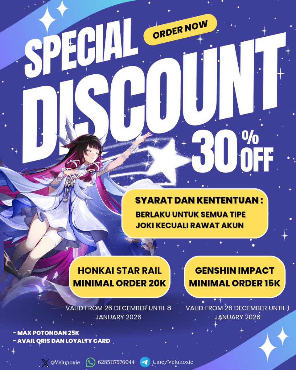 [RT &amp; Like are really appreciated 💗]

Halo! Vel lagi ngadain Special Disc 30% Khusus Akhir Tahun✨

Cocok banget buat kamu yang mau fokus liburan tanpa khawatir akun terbengkalai. Berlaku untuk semua jasa Joki Genshin &amp; HSR Kecuali Rawat Akun🤩

#zonauang #jokigenshin #jokihsr