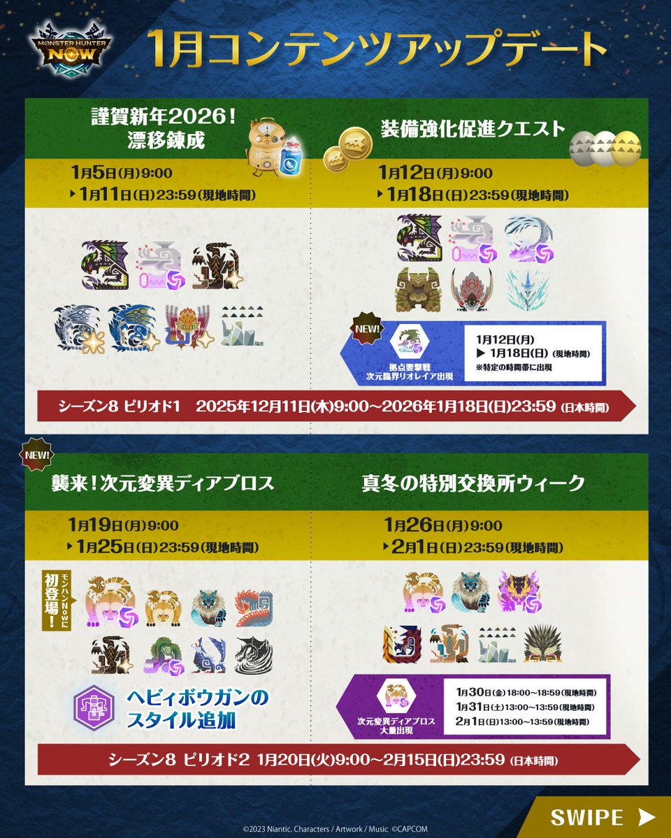 mh_now's tweet photo. 🐾1月のコンテンツアップデートのお知らせ🐾

探索拠点で拠点要撃戦が開催⚔️

また、新たな次元変異モンスター
ディアブロスが登場🔥

さらに、ヘビィボウガンのスタイル選択が可能に！

他にも様々なアップデートを予定しています🌟

#モンハンNow 
👉https://t.co/6M3AkV82jO https://t.co/G6unklJAiB