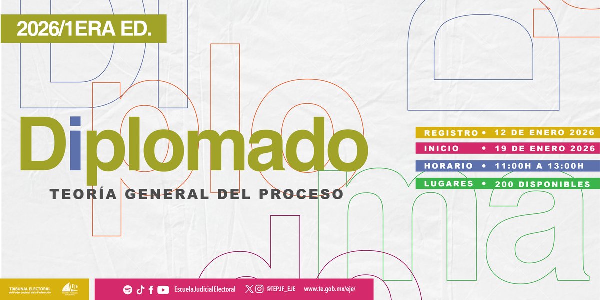 TEPJF_EJE's tweet image. ¿Buscas bases sólidas para ejercer el Derecho? Inscríbete al Diplomado gratuito a distancia: Teoría General del Proceso.

 👉 Registro: 12 de enero de 2026, 11:00 h.  te.gob.mx/formulario/reg…
Cupo limitado 200 lugares
📄 Requisitos: te.gob.mx/eje/media/pdf/…