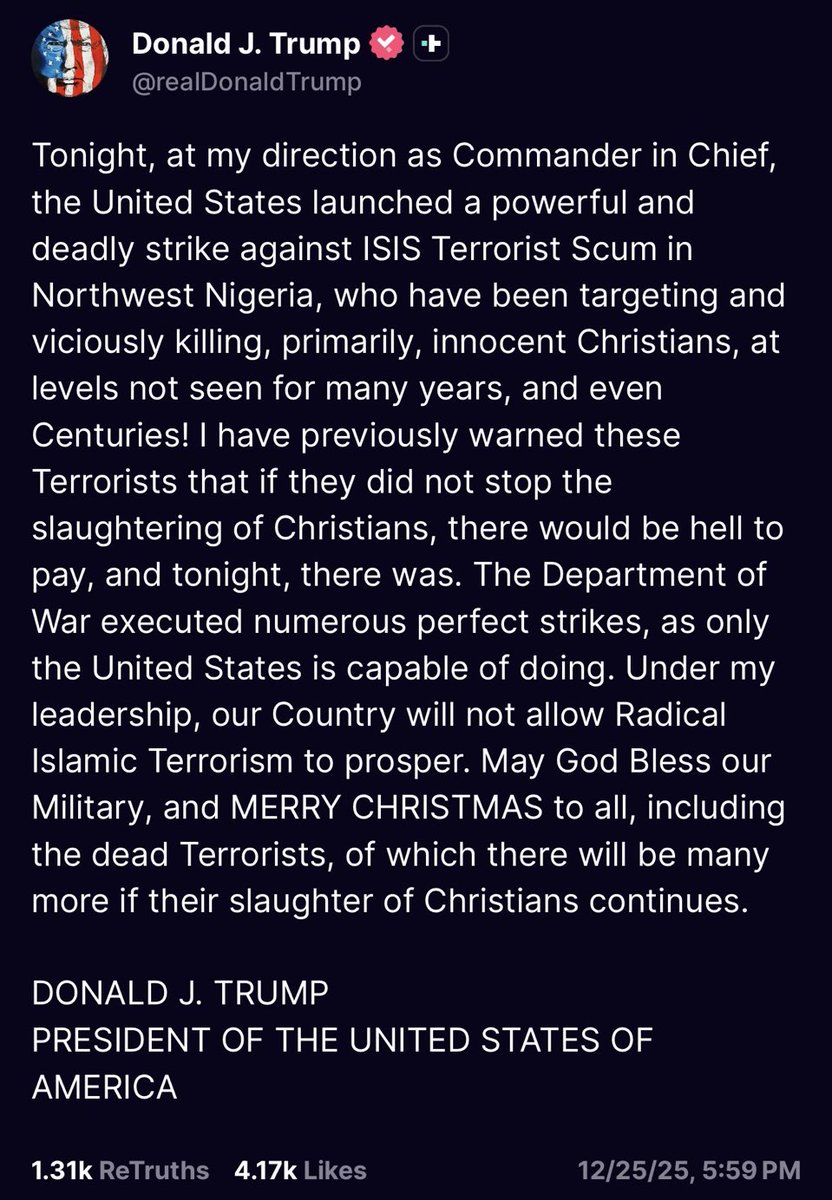 Imagine being so morally bankrupt that you turn Christmas into a mass-death press release.

Nothing says ‘Peace President’ like “Merry Christmas, I killed people.”

Fucking psychopath.