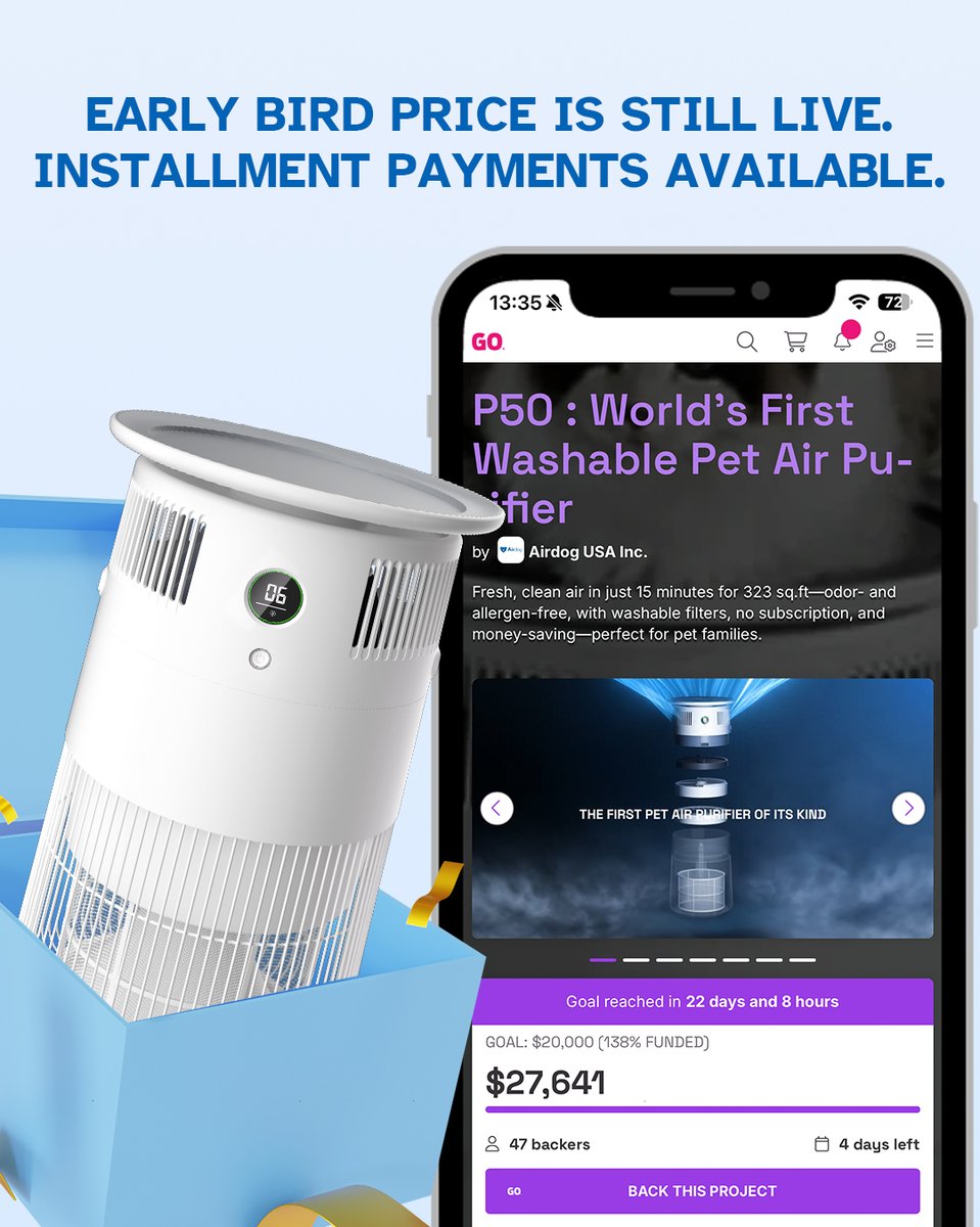 AirdogPro's tweet photo. Most air purifiers make you replace filters again and again.
Airdog doesn’t.
⏰ Crowdfunding ends in 2 days.
Miss this, and the price goes up.
👉 Join now before it’s gone. 
 #Airdog #AirPurifier #EcoFriendly #ReusableFilters #HealthyHome#AirdogP50PetAirPurifier https://t.co/2iiUbcQZ1m