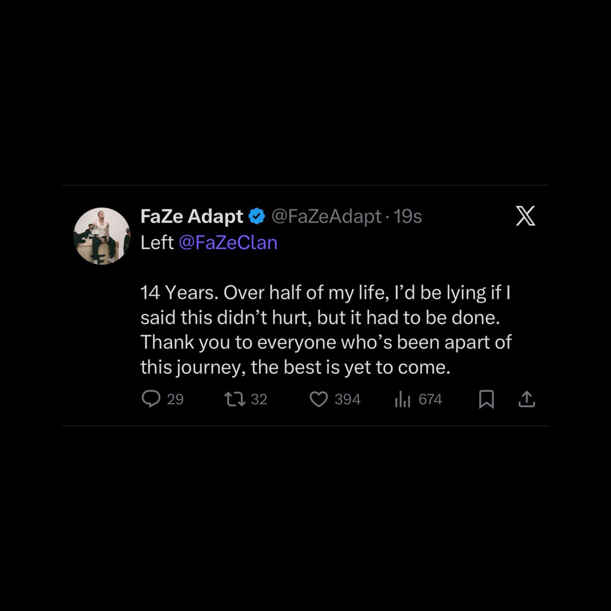ilySalt's tweet image. Adapt has officially announced that he’s left FaZe Clan after being apart of the organization for 14 years 💔

5/7 members have now left FaZe in 5 hours..