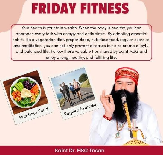 Princeynr777's tweet photo. Follw a healthy lifestyle for a healthy living. Do exercise regularly and also choose healthy food.  
Saint Gurmeet Ram Rahim asks to choose healthy habits to prevent any kind of disease. 
#FridayFitness https://t.co/52RN1bsh0F