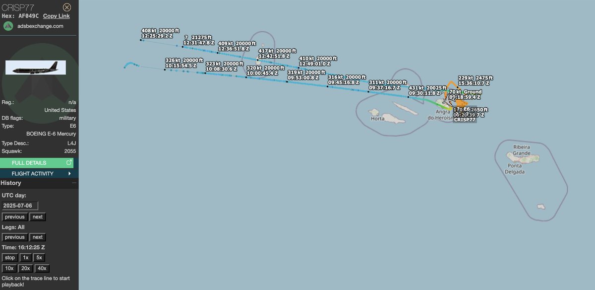 neetintel's tweet photo. #ReadinessRecap: July 2025
On 250706, as #AF049C, E-6B Mercury AE041C flew an unusual pattern about the Azores. No exceptional traffic was documented, so I didn't log a SKYMASTER event, but I wouldn't automatically conclude that this wasn't part of a major exercise. https://t.co/N5sXKgg0Ki