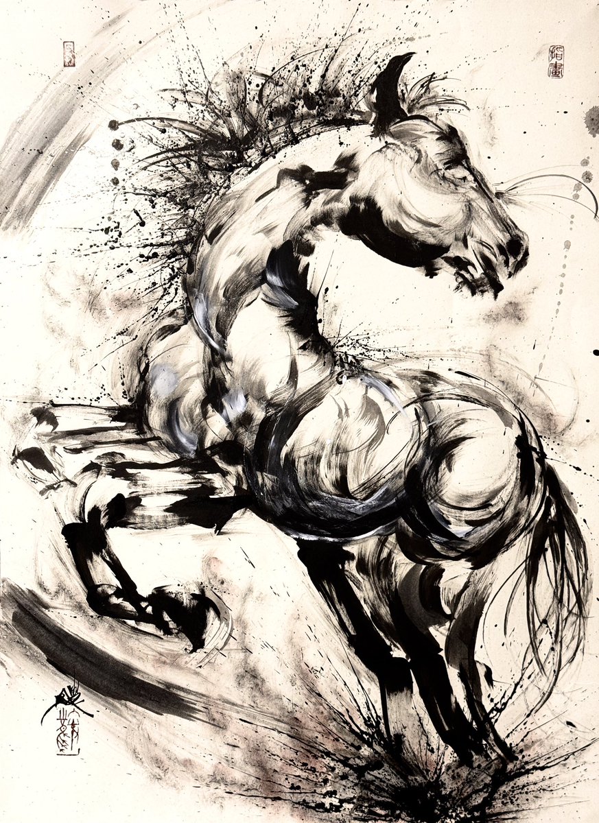 千里赤兎馬』 栃木総合文化センターで初公開した跳ね馬指墨作品