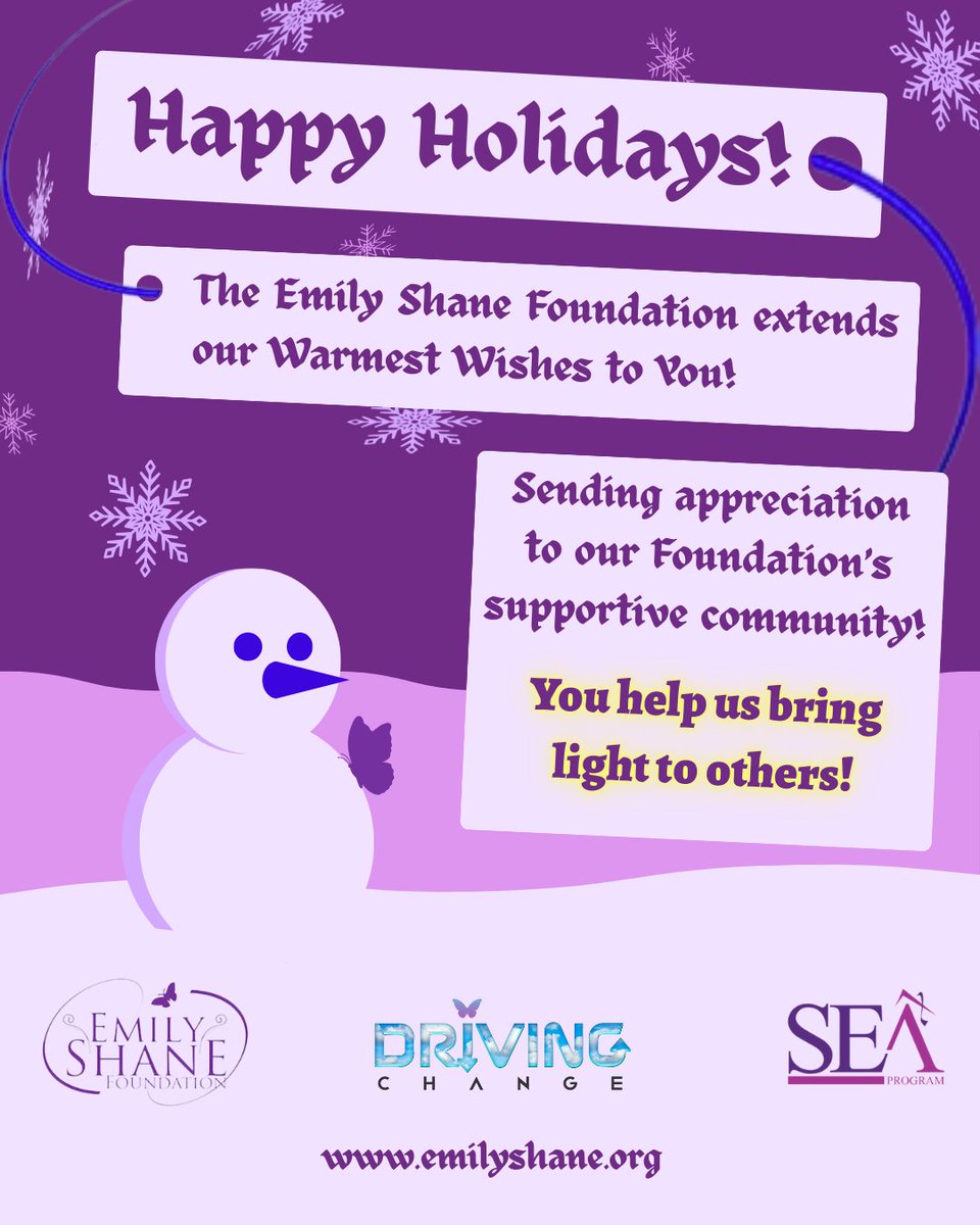 From all of us at The Emily Shane Foundation - may your holidays be bright, warm and full of joy! ☃️🎁❄️

#emilyshanefoundation #seaprogram #happyholidays #holidays #winterbreak #seasonofjoy