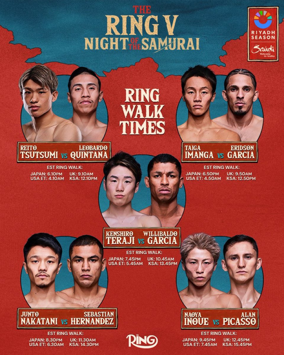 「THE RING V: NIGHT OF THE SAMURAI」
日本時間 開始時刻　12月27日
堤 麗斗 vs レオバルド・キンタナ18時10分　
今永虎雅 vs エリドソン・ガルシア18時50分　
王者ウィリバルドガルシアvs寺地拳四朗19時45分
中谷潤人 vs セバスチャン・エルナンデス 20時30分　
井上尚弥 vs アラン・ピカソ21時45分