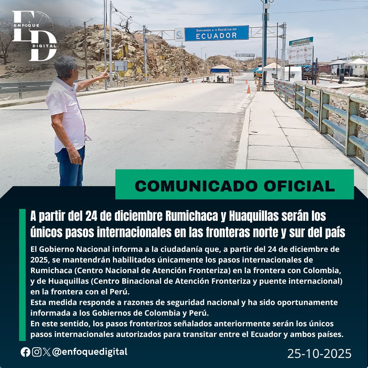 #Nacional 🇪🇨 || La Cancillería del #Ecuador informó que los únicos pasos internacionales autorizados son #Rumichaca (norte) y #Huaquillas (sur). El cruce por #Macará, en #Loja, no está permitido.👇👇
