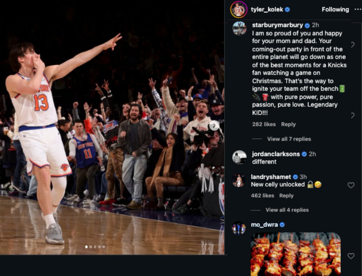 NBA_NewYork's tweet image. Stephon Marbury to Tyler Kolek "I'm so proud of you &amp;amp; happy for your mom &amp;amp; dad…Your coming-out…will go down as one of the best moments for a Knicks fan on Christmas"

Jordan Clarkson "different"

Landry Shamet "New celly unlocked 🔓🤣"

Mo Diawara (picture of barbecued chicken)
