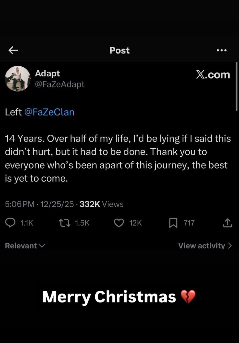 ilySalt's tweet image. Adapt on his recent Instagram stories after his departure from FaZe Clan since  being in it for 14 years 

“It’s a terrible day for rain. 
Merry Christmas 💔”
