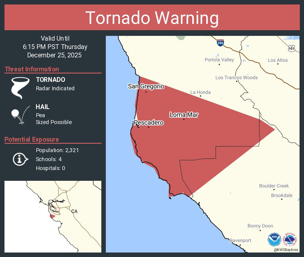 Tornado Warning including Pescadero CA, Loma Mar CA and  Redwood Terrace CA until 6:15 PM PST