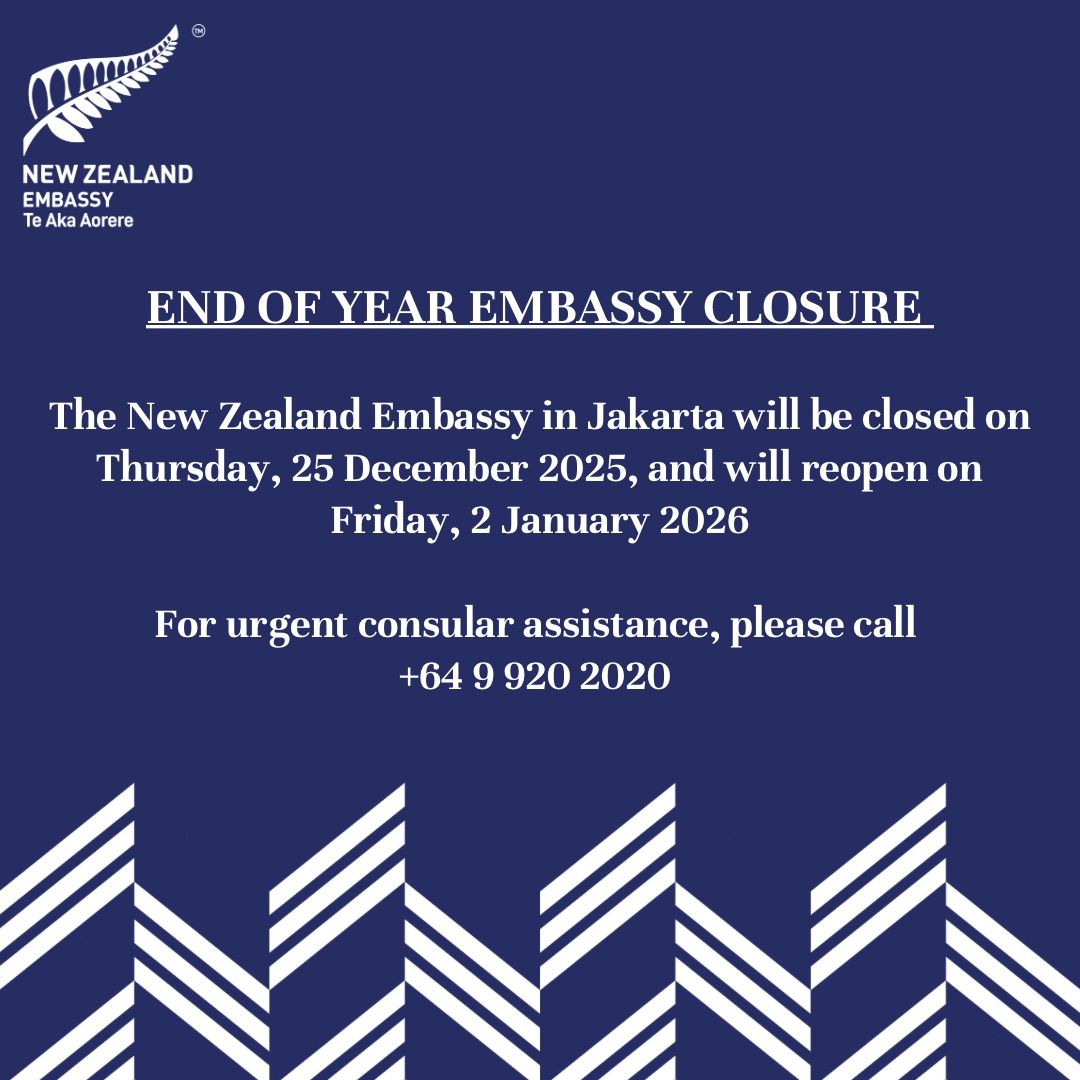 Kedutaan Besar New Zealand di Jakarta tutup pada hari Kamis, 25 Desember 2025, dan akan dibuka kembali pada hari Jumat, 2 Januari 2026

Untuk bantuan konsuler yang mendesak, silakan hubungi +64 9 920 2020.