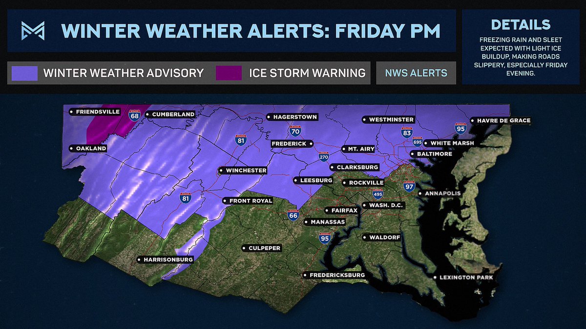 mococlosures's tweet image. #NEWS: Here’s a look at current Winter Weather Alerts for Friday afternoon and evening. (1/4)

#dcwx #mdwx #mdwx