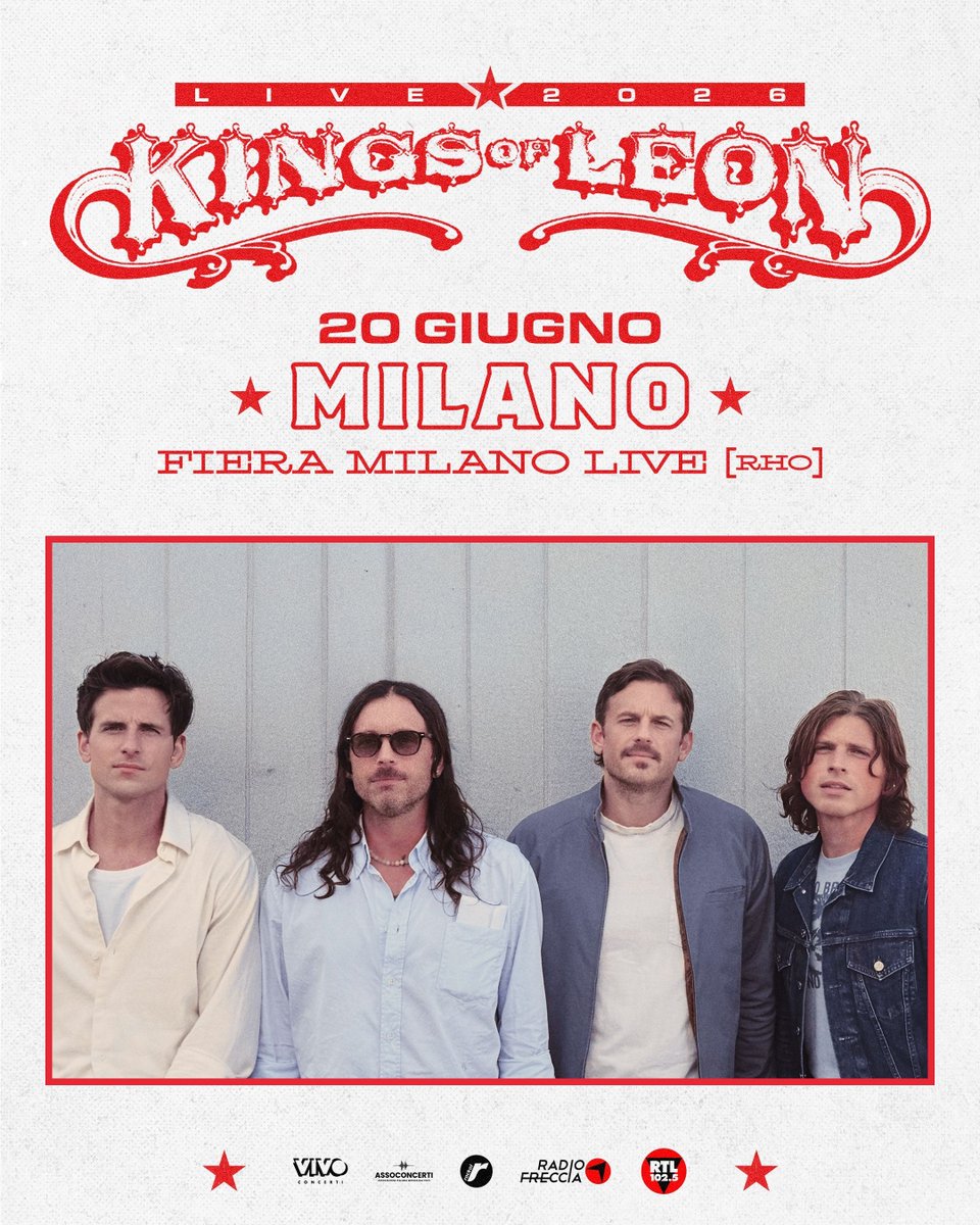 TicketOneIT's tweet image. ❤️‍🔥 I #KingsofLeon tornano in Italia dopo 9 anni dall'ultimo live nel nostro Paese!

📆 20 giugno 2026 | Milano, Fiera Milano Live 

🎫 Biglietti ora disponibili su 
buff.ly/VgSw7j3