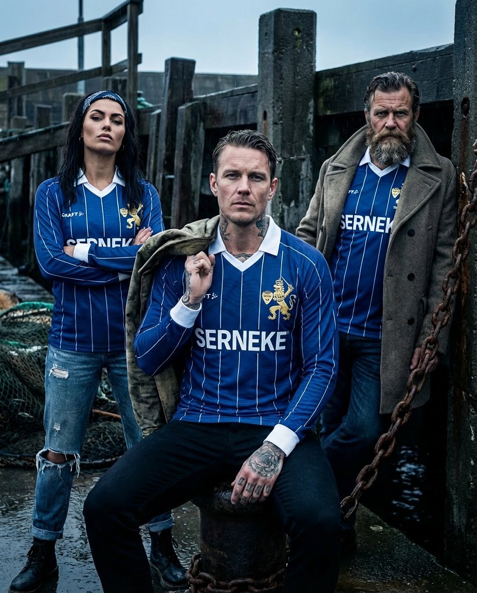 OhlssonJoacim's tweet image. Försäsongströja i retrostil. Inspirerad av kustens blåa hav. Subtilt vågmönster bakom vita kritstrecksränder och broderat lejon i guldfärg. #ifkgbg