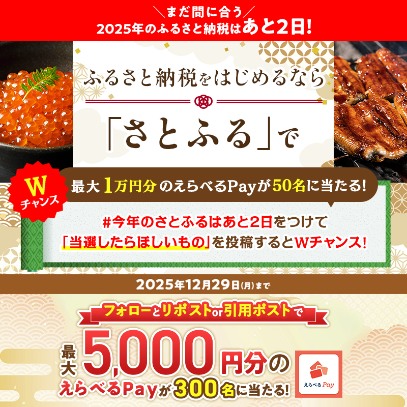 satofull_promo's tweet image. ／
2025年のふるさと納税はあと2日！！！
＼

#今年のさとふるはあと2日 をつけて
「当選したらほしいもの」を投稿すると、
Wチャンスで最大1万円分のえらべるPayが当たる🎁

【応募方法】
① @satofull_promo  をフォロー
②本投稿をリポスト or 引用ポスト…