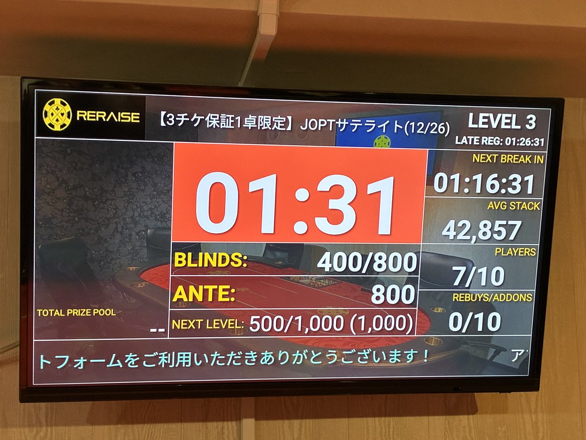 【3チケ保証1卓限定】🍀JOPTサテライト

現在7名様ご参加です✨
レイトは17:00のためまだまだチャンスあり！！

JOPT開催間近、ぜひこの機会にご覧をお待ちしております🙇‍♂️