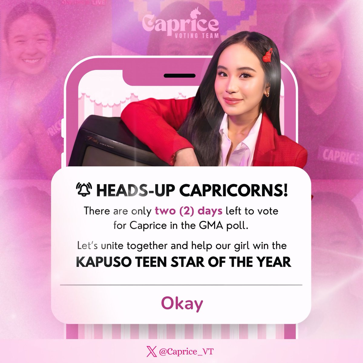 Caprice_VT's tweet image. Heads up, Capricorns!

There are only 2 days left to vote for Caprice in the GMA poll. Let’s unite together and help our girl win the KAPUSO TEEN STAR OF THE YEAR 

📊 CURRENT PROGRESS:
🔥 10,400 / 30,000 votes — we’re just getting started!

💰 LET’S UNLOCK THESE REWARDS:
🎯…
