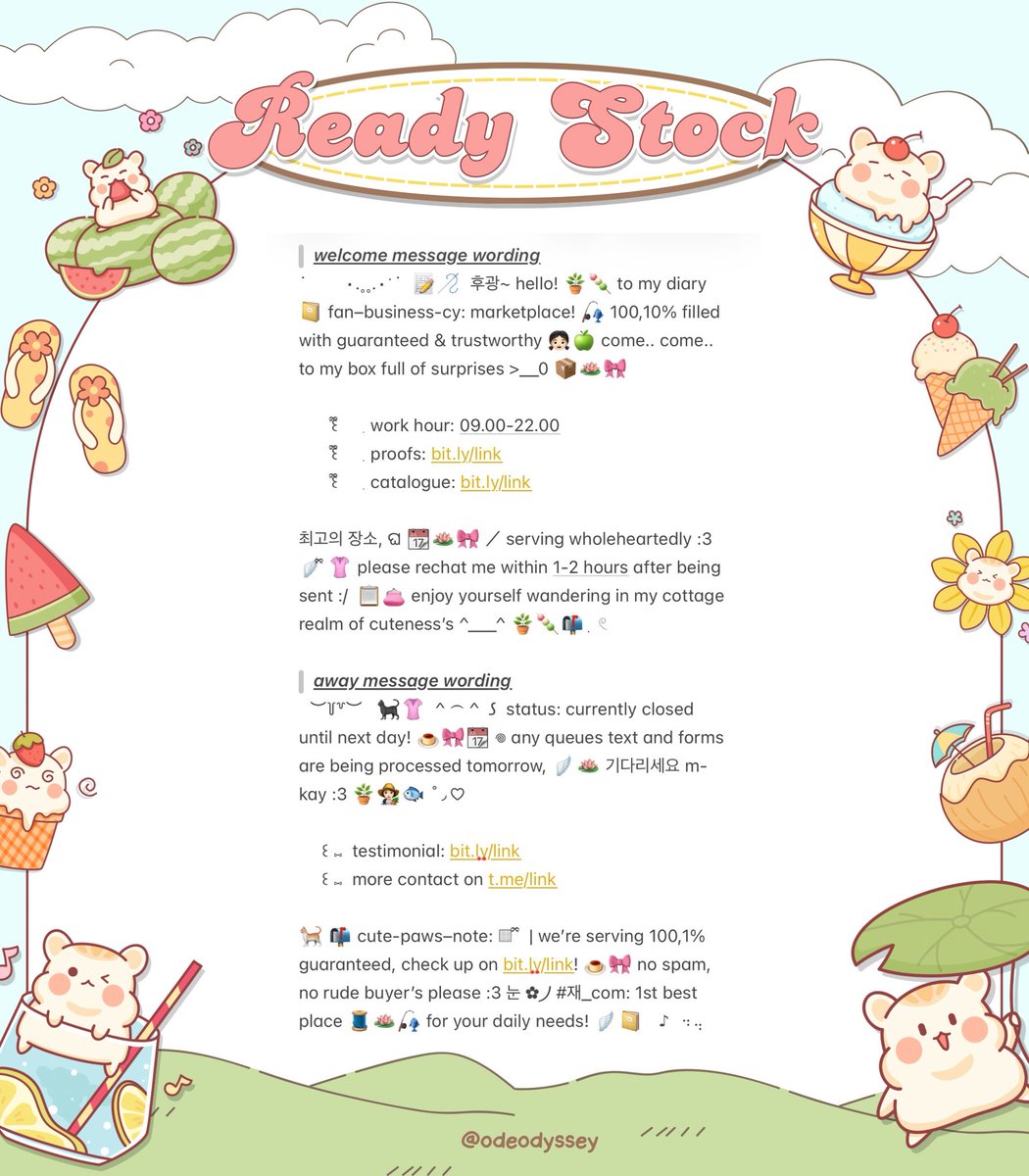 odeodyssey's tweet image. help repost? thank you!

aku ada bawa 4 wording READY STOCK wabis bundle (welcome greetings + away close message)

🗒️📎: all spess, free minor retext + emoji, bagian link bisa direplace link apapun menyesuaikan :&amp;gt; for more details SCROLL DOWN &amp;amp; check ALT ( #zonauang #zonaba rs )