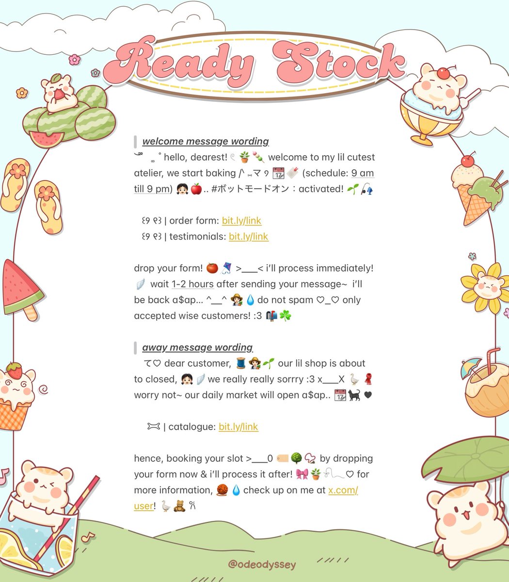 odeodyssey's tweet image. help repost? thank you!

aku ada bawa 4 wording READY STOCK wabis bundle (welcome greetings + away close message)

🗒️📎: all spess, free minor retext + emoji, bagian link bisa direplace link apapun menyesuaikan :&amp;gt; for more details SCROLL DOWN &amp;amp; check ALT ( #zonauang #zonaba rs )