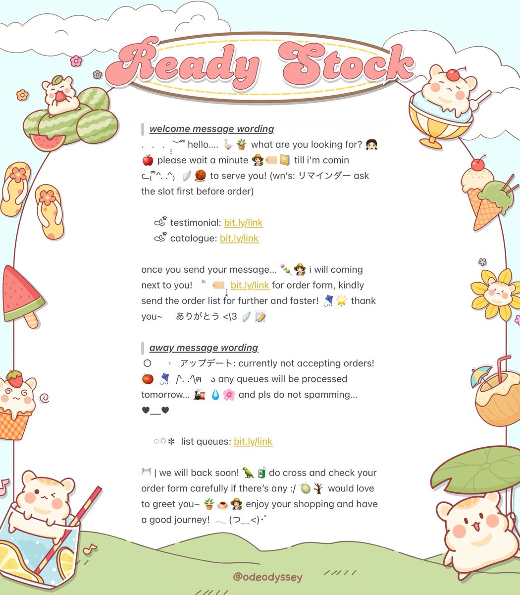 odeodyssey's tweet image. help repost? thank you!

aku ada bawa 4 wording READY STOCK wabis bundle (welcome greetings + away close message)

🗒️📎: all spess, free minor retext + emoji, bagian link bisa direplace link apapun menyesuaikan :&amp;gt; for more details SCROLL DOWN &amp;amp; check ALT ( #zonauang #zonaba rs )