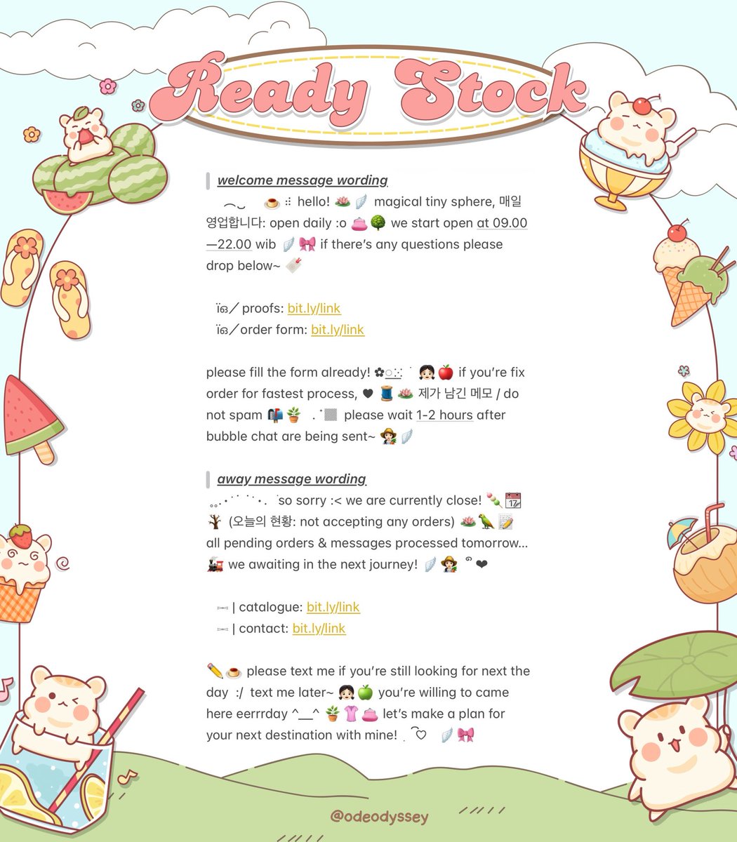 odeodyssey's tweet image. help repost? thank you!

aku ada bawa 4 wording READY STOCK wabis bundle (welcome greetings + away close message)

🗒️📎: all spess, free minor retext + emoji, bagian link bisa direplace link apapun menyesuaikan :&amp;gt; for more details SCROLL DOWN &amp;amp; check ALT ( #zonauang #zonaba rs )