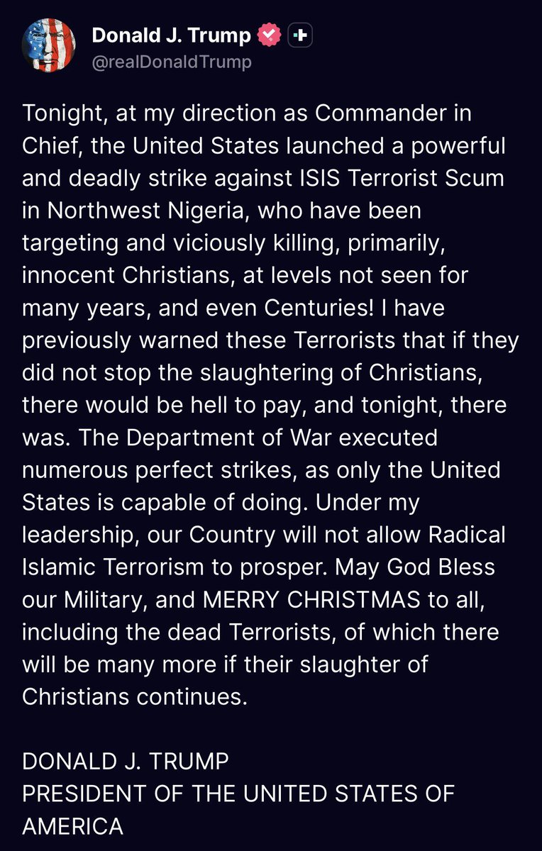 Latestjzn's tweet image. U.S. Army Fired Tomahawk Missiles At Terrorist Camps In Nigeria’s Northwest

The is the Christmas gift ever to Nigerian🎄

#Trump #nigeria #MerryChristmas