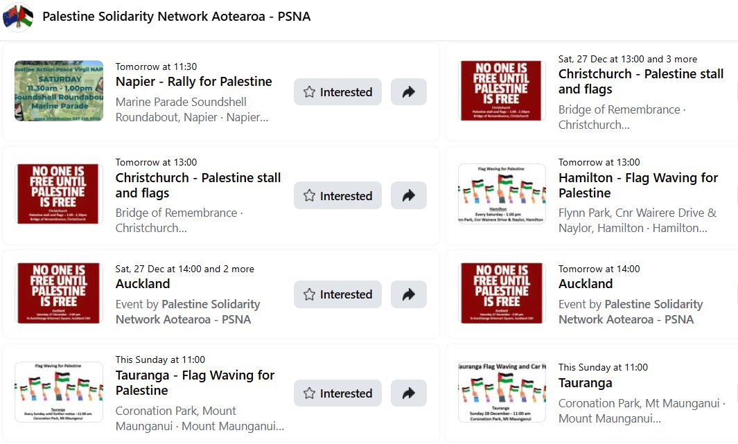 🍉ℹ️
List of AoNZ🇳🇿's peaceful, family-friendly events for Palestine🇵🇸 this weekend, in week 1⃣1⃣6⃣ 👇
Sat: Waiheke, Auck(2), Whanganui, Cambridge, Blenheim, Napier, Chch, Hamilton
Sun:  Tauranga
🔗 (N to S): psna.nz/events
🔗 (by time &amp; date): facebook.com/profile.php?id…