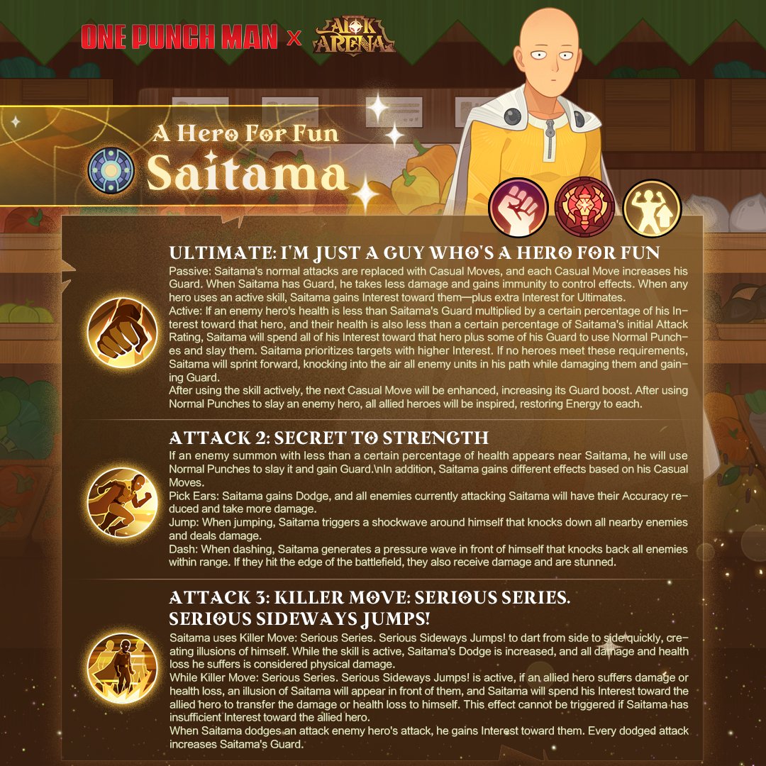 AFK_Arena's tweet photo. Saitama is a guy who's a hero for fun. After saving a child from certain death, he decided to become a hero and trained hard for three years. 

Though he's now so strong he can defeat any opponent with a single punch, lately he feels as if, in exchange for overwhelming power, he's lost something even more important.