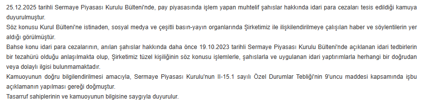htcbicer's tweet photo. #PEKGY 

SPK, dün akşam yayımlanan bültende, grup şirketlerimizden Peker GYO hisselerinde yapılan işlemlerle ilgili 19 kişiye idari para cezası kesmiştir. 

Ancak söz konusu cezaların 19.10.2023 tarihli bültene ilişkin olması sebebiyle şirketimiz tüzel kişiliğinin söz konusu işlemlerle, şahıslarla ve uygulanan idari yaptırımlarla herhangi bir ilgisi bulunmamaktadır.
