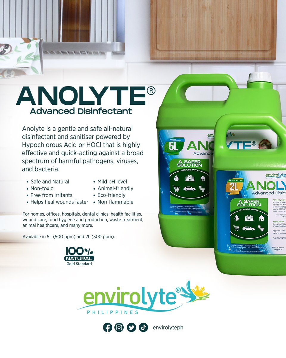 envirolyteph's tweet photo. Anolyte HOCl delivers fast-acting disinfection while staying safe for people, pets, and the environment.

Learn more / Order: https://t.co/sPWplhHbtO
Become a distributor. Ask us how.

#envirolyte #envirolyteph #anolyte #hocl #philippines #organicph #naturalph #healthph https://t.co/kbuoa7ErJa