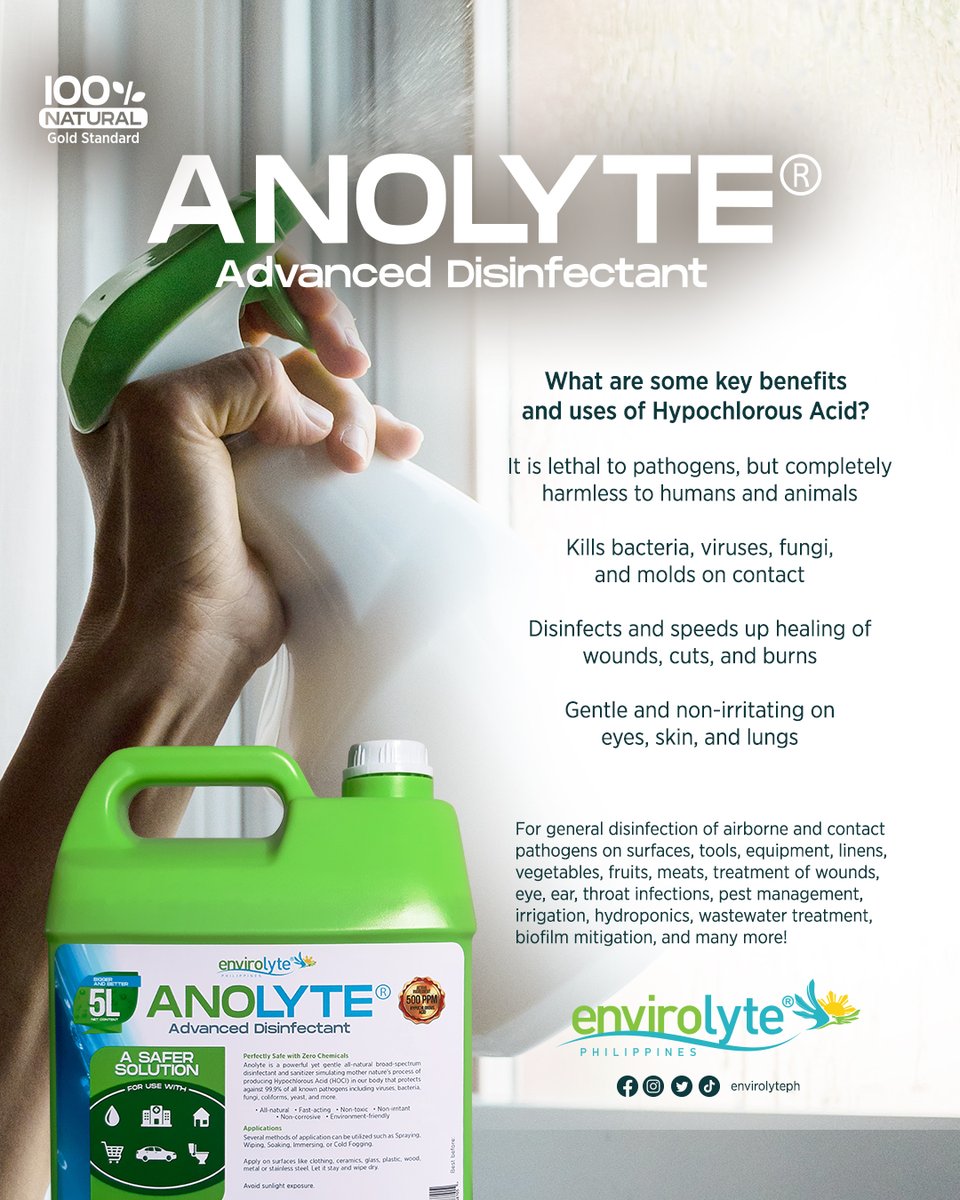 envirolyteph's tweet photo. Non-toxic, eco-friendly, and versatile, Anolyte HOCl is trusted for everyday and professional cleaning needs.

Learn more / Order: https://t.co/sPWplhGDEg
Become a distributor. Ask us how.

#envirolyte #envirolyteph #anolyte #hocl #philippines #organicph #naturalph #healthph https://t.co/hEhLjQEaDa