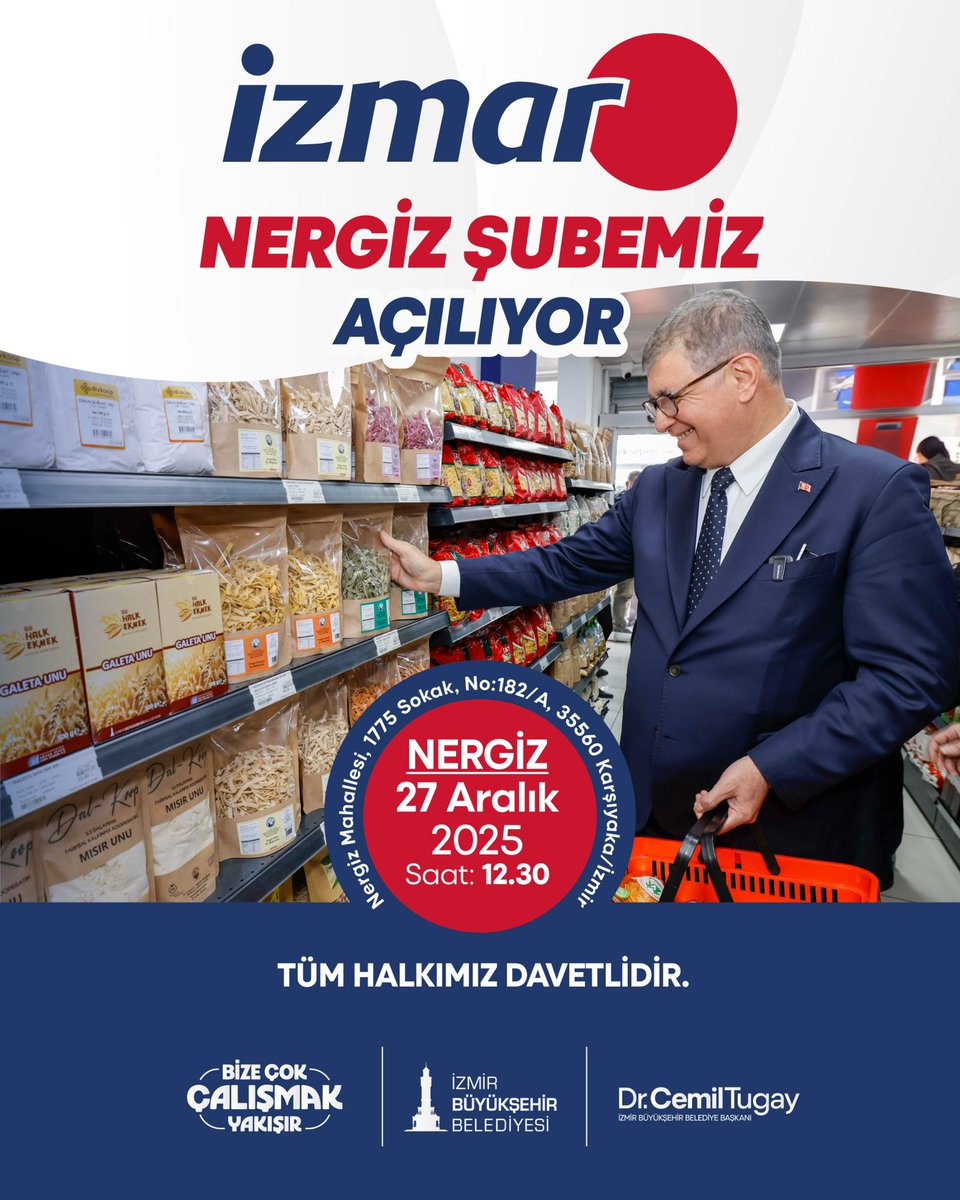 İZMAR Nergiz şubemizi 27 Aralık’ta
Karşıyaka’da açıyoruz.
Tanzim satış ruhuyla İzmirlileri güvenli ve sağlıklı alışverişle
buluşturduğumuz IZMAR ağını, büyütmeye devam ediyoruz.