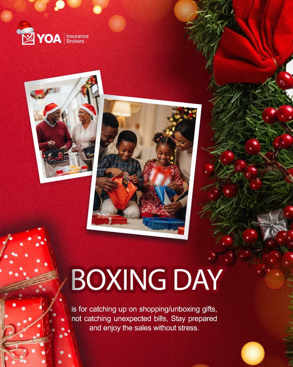 YoaBrokers's tweet image. Boxing Day vibes: shop, celebrate, and enjoy... without the stress!

Unexpected mishaps happen, but with the right cover, your peace of mind stays intact.

Share, save, and keep the festive spirit stress-free!

#YOAInsurance #DettyDecember #StayCovered #BoxingDay