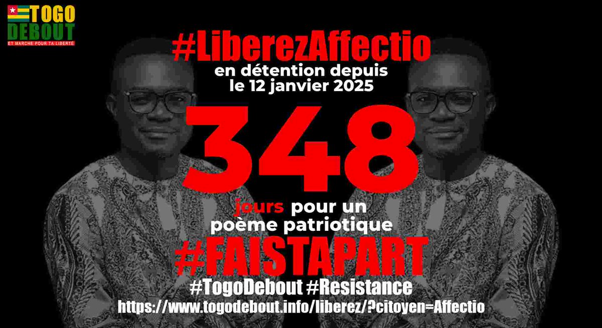 Libérez Affectio / Free Affectio

Affectio est arbitrairement detenu depuis 348 jours

togodebout.info/liberez/?citoy…

#LiberezLesPrisonniersPolitiques
#LiberezAffectio #FreeAffectio
#FreeTogo
#TogoDebout
#FaureMustGo