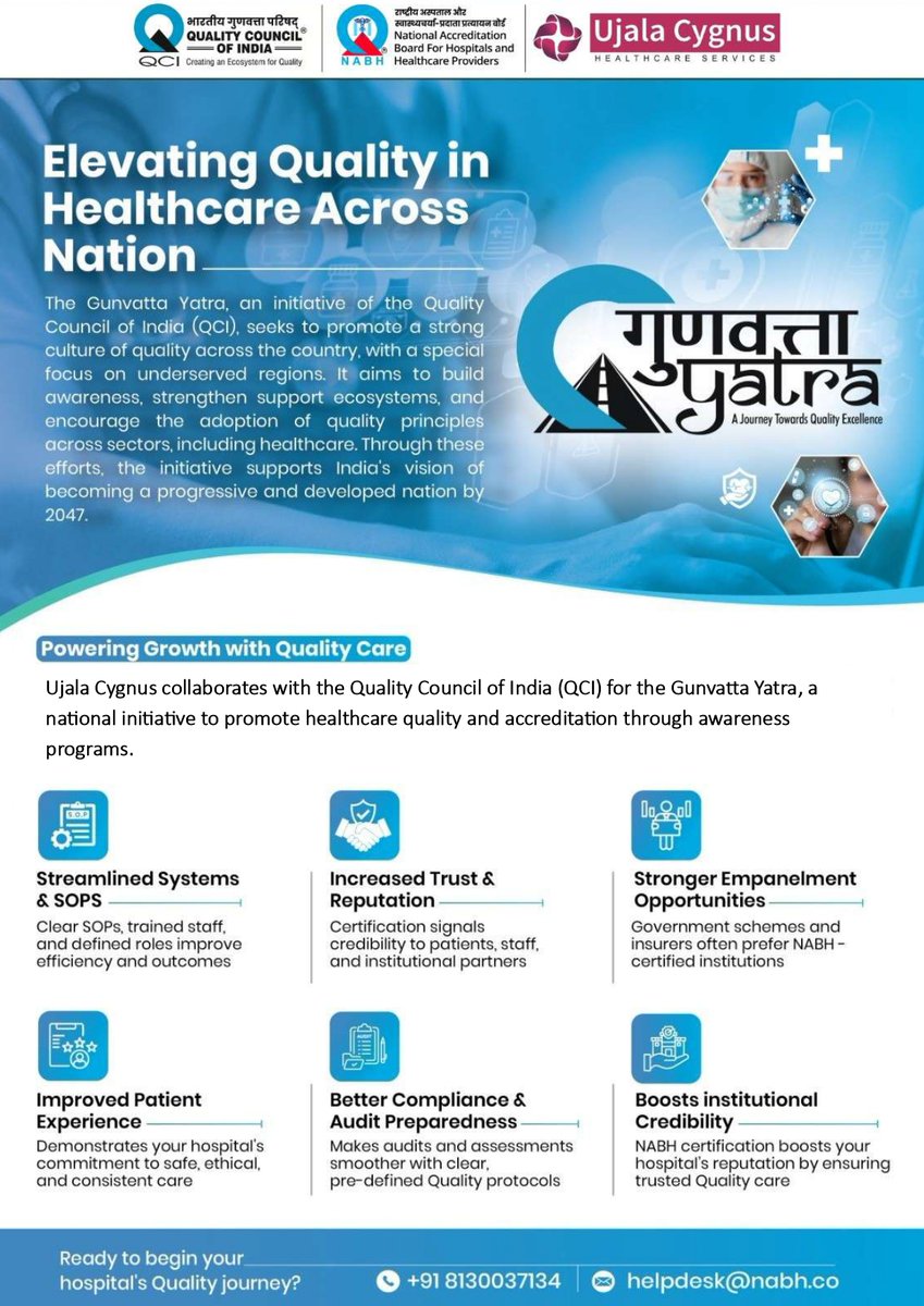 UjalaCygnusEdu's tweet image. We were pleased to host the Quality Council of India (QCI) for discussions on Gunvatta Yatra training, focusing on advancing #qualitysystems, #patientsafety &amp;amp; #capabilitybuilding - especially across Tier 2 &amp;amp; 3 cities. 

We look forward to translating this partnership into impact!