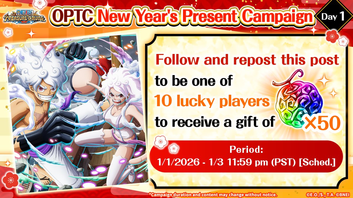 ONE_PIECE_TC's tweet image. OPTC New Year's Present Campaign DAY 1 ✨

Repost each of the daily campaign posts for a chance to get 50 Rainbow Gems!

▼Participation Rules
optc-ww.channel.or.jp/?p=1806

Until 1/3 11:59 pm PST

#ONEPIECE #OPTC