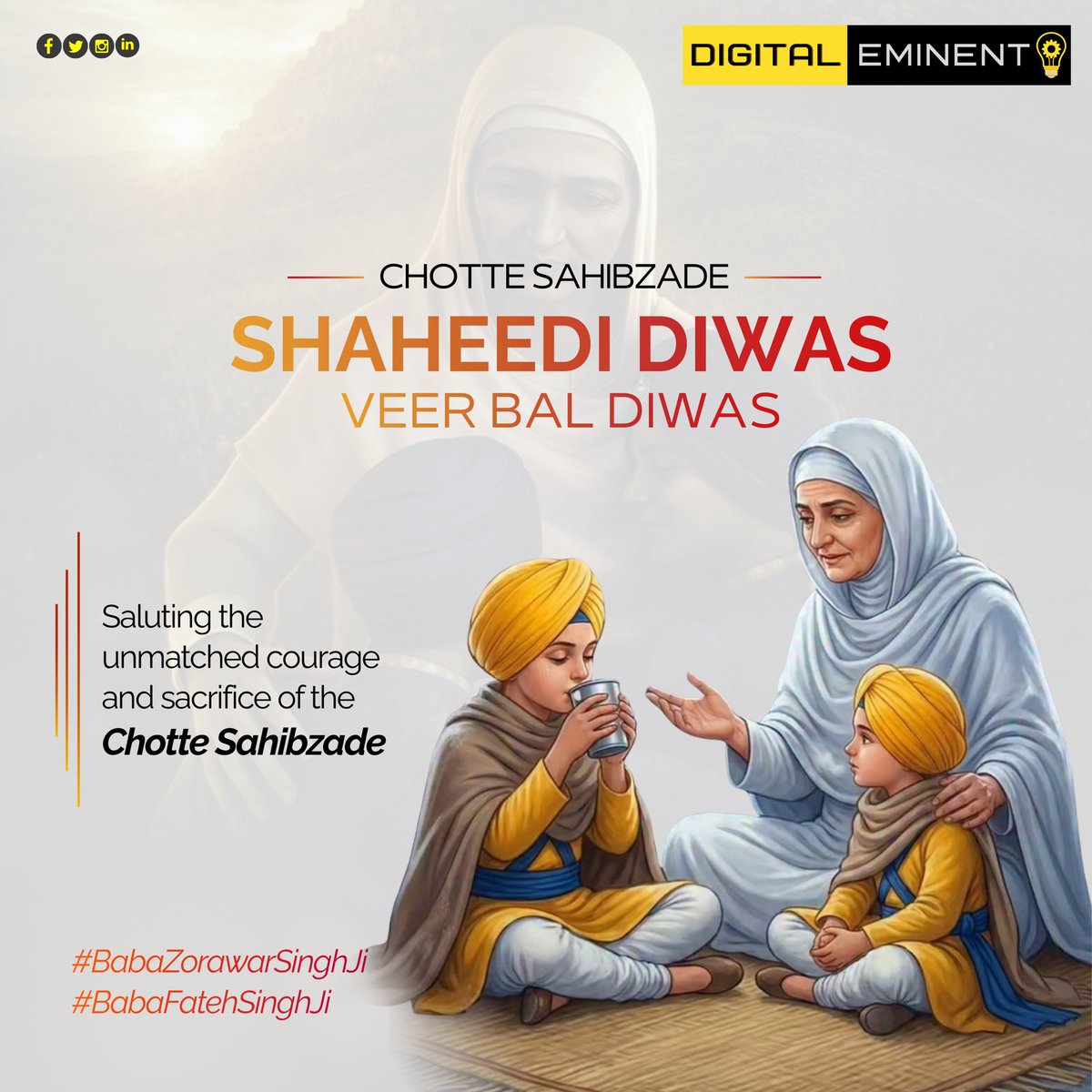 DigitalEminent's tweet photo. On Veer Bal Diwas, we pay heartfelt tribute to the Chotte Sahibzade, icons of supreme courage, faith, and sacrifice.

Digital Eminent LLP bows in respect to these eternal heroes. 

.

#VeerBalDiwas #ShaheediDiwas #ChotteSahibzade #VeerBal #CourageAndSacrifice #EternalInspiration https://t.co/XFBOf2TVqD
