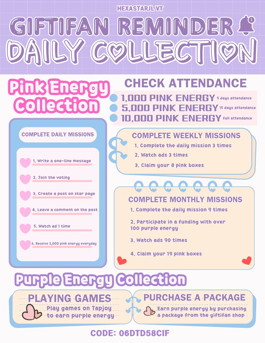 hexastarjl_vt's tweet image. [📢] - 𝙂𝙄𝙁𝙏𝙄𝙁𝘼𝙉 𝘿𝘼𝙄𝙇𝙔 𝙍𝙀𝙈𝙄𝙉𝘿𝙀𝙍

Starflares/Byeolbitdan and JL Stans, don’t forget to complete your daily Giftifan tasks! Let’s keep collecting those pink and purple energy to power our ongoing supports for JL.

🩷 𝗣𝗜𝗡𝗞 𝗘𝗡𝗘𝗥𝗚𝗬
✔️ Check Attendance 
✔️…