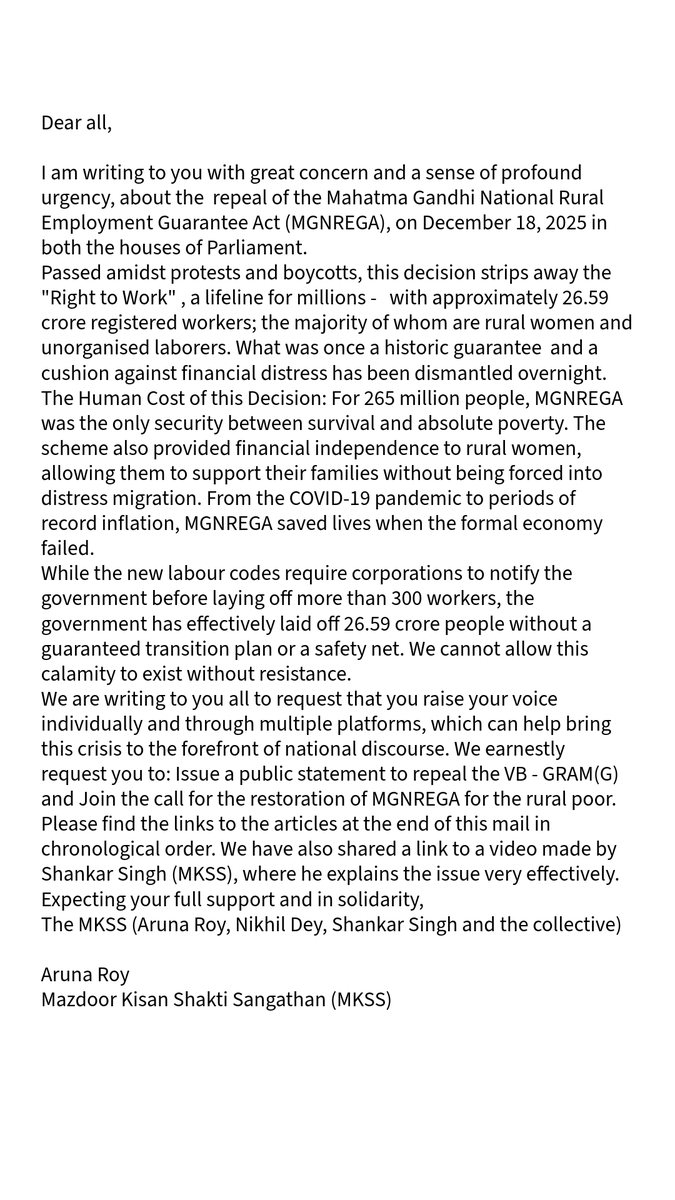 An appeal from Aruna Roy,

[Article by John Brittas indianexpress.com/article/opinio…

Article by Nikhil Dey and Aruna Roy indianexpress.com/article/opinio…

Video by Shankar Singh here (NREGA is Dead)
youtu.be/vDpqPo9JiUE?si…]
#MGNREGA