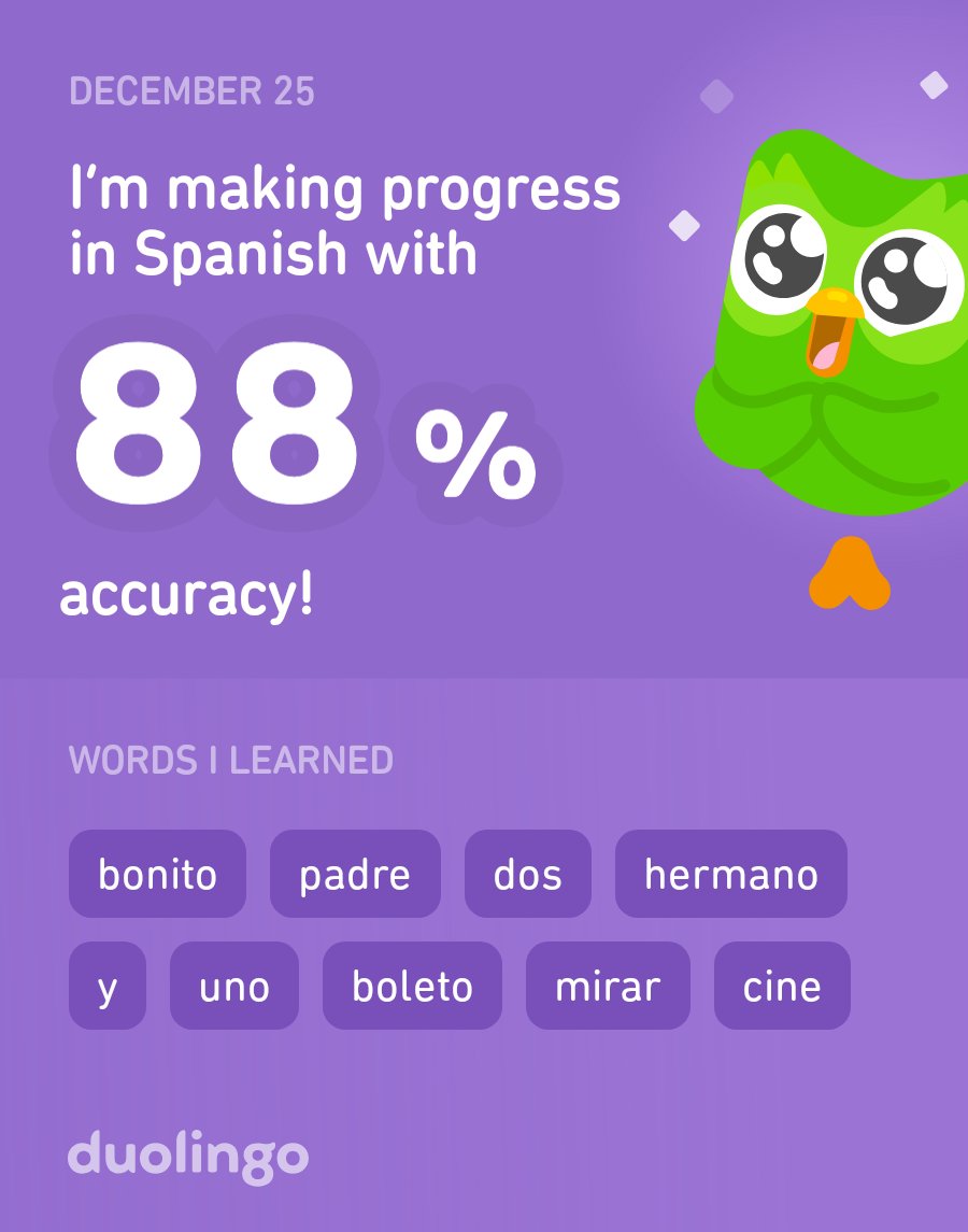 Deborum's tweet image. I’m learning Spanish on Duolingo! It’s free, fun, and effective.