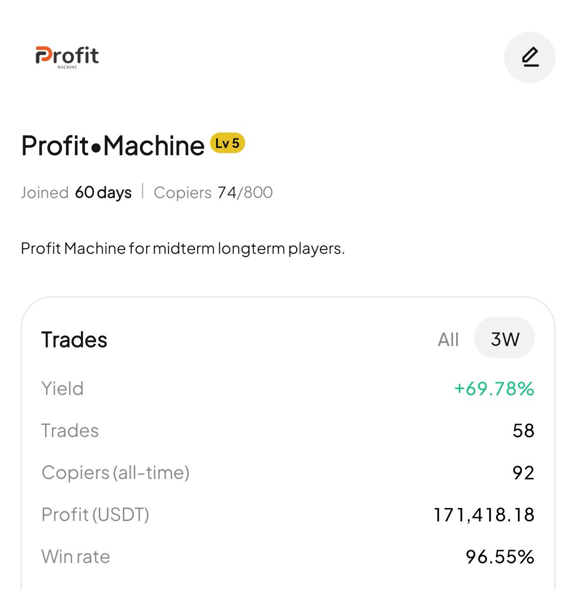 ProfitxMachine's tweet photo. Last 3 weeks progress 🔥

96% Winrate 

$171,000 Profits 💰

Copytraders enjoying free money 🎊

Following @BrutalBtc trades 😂😘 https://t.co/vyuRPcoQiH