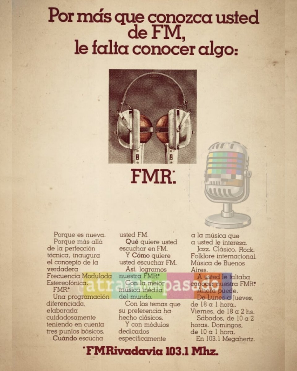 atrapamepasado's tweet photo. 📻 Escuche la última hora de transmisión de FMR 103.1 MHz, la estación de frecuencia modulada de LS5 Radio Rivadavia. 
Termina a la 1 a.m.
Regresa mañana #En1978, a las 6 p.m. https://t.co/4fSamb6NFz