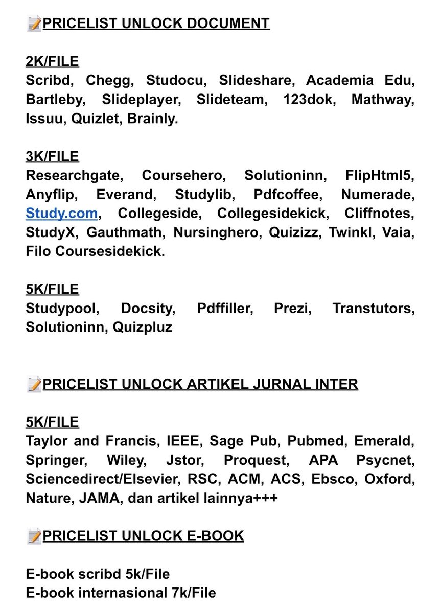 coftour's tweet image. OPEN

— jasa unlock/download e-book, artikel jurnal internasional yang terkunci, dokumen (scribd, chegg, coursehero, numerade, dll)
— jasa cek turnitin no repository

🔗 wa : bit.ly/wa-fairiesstore