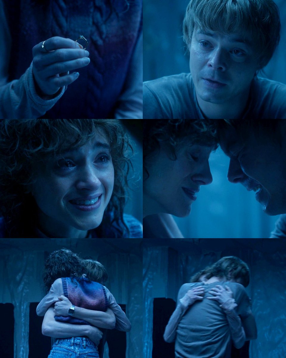 o jonathan pedindo nancy em casamento e ela aceitando, depois eles se declarando que ama um ao outro, sério, que lindo.

saber que natalie e charlie são casados na vida real melhora tudo, a química deles é incrível.
#StrangerThings5