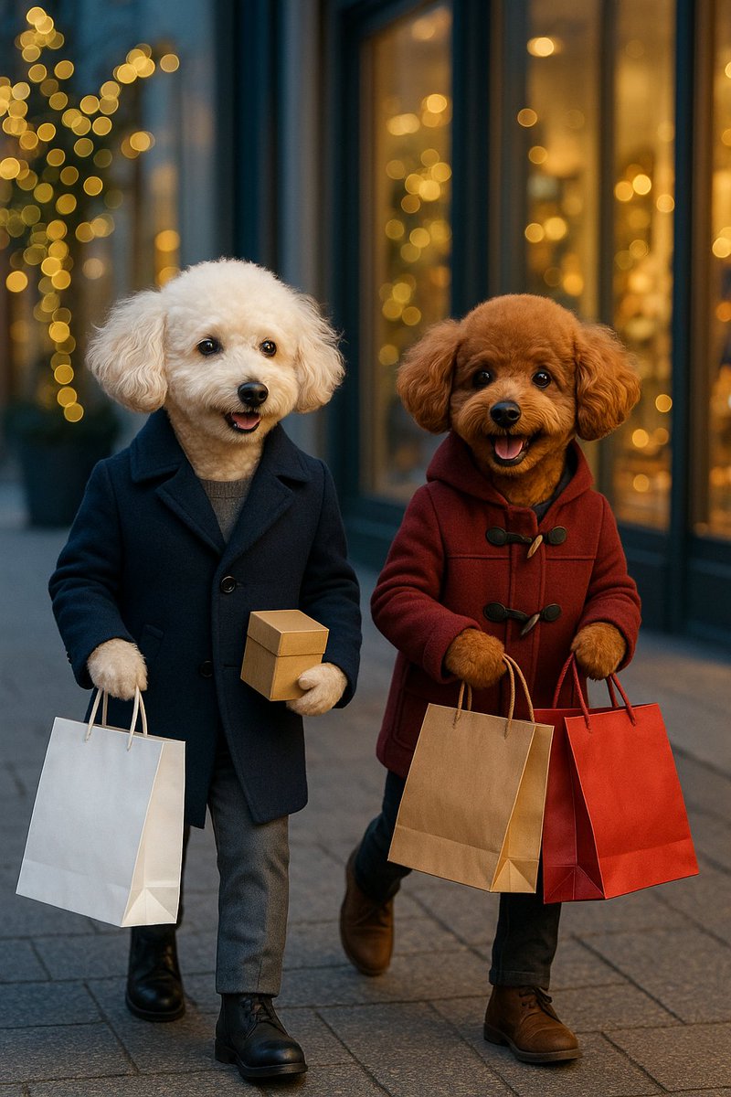本日のワンショット🐶
🐾実写風シリーズ🐾

街灯に照らされて笑う
くぅちゃんとてんちゃんの歩幅が弾む✨

ボクシング・デーの戦利品を大事そうに抱えて進む🛍️

冬の風まで味方に感じる夜🎁

でちゅ～～～🐶💕💕💕
#トイプー
#犬好きさんと繋がりたい
#AIイラスト
#ボクシング・デー