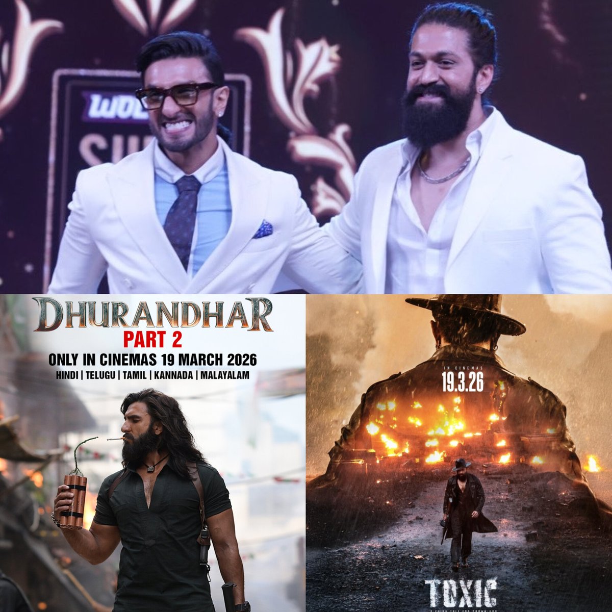 DexterM00766695's tweet photo. My favorites clashing!

Both target similar audience: A-rated mass grounded testosterone filled layered action thriller, pan-India.
An equal battlefield💥

#Dhurandhar2 has well-deserved sequel hype &amp; #ToxicTheFilm has #YashBOSS

Wish clash is avoided so both perform to their max https://t.co/ZFMyd8Gt5G