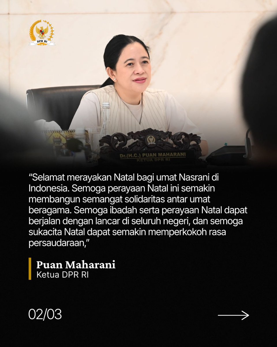 kazitoh20's tweet photo. Natal 2025 jadi momen berbagi rasa. 
Ketua DPR RI Puan Maharani menyampaikan ucapan Selamat Natal seraya berharap nilai kasih dan empati terus hidup mempererat persaudaraan bangsa khususnya bagi warga yang sedang tertimpa musibah. https://t.co/YsjpljFmO6