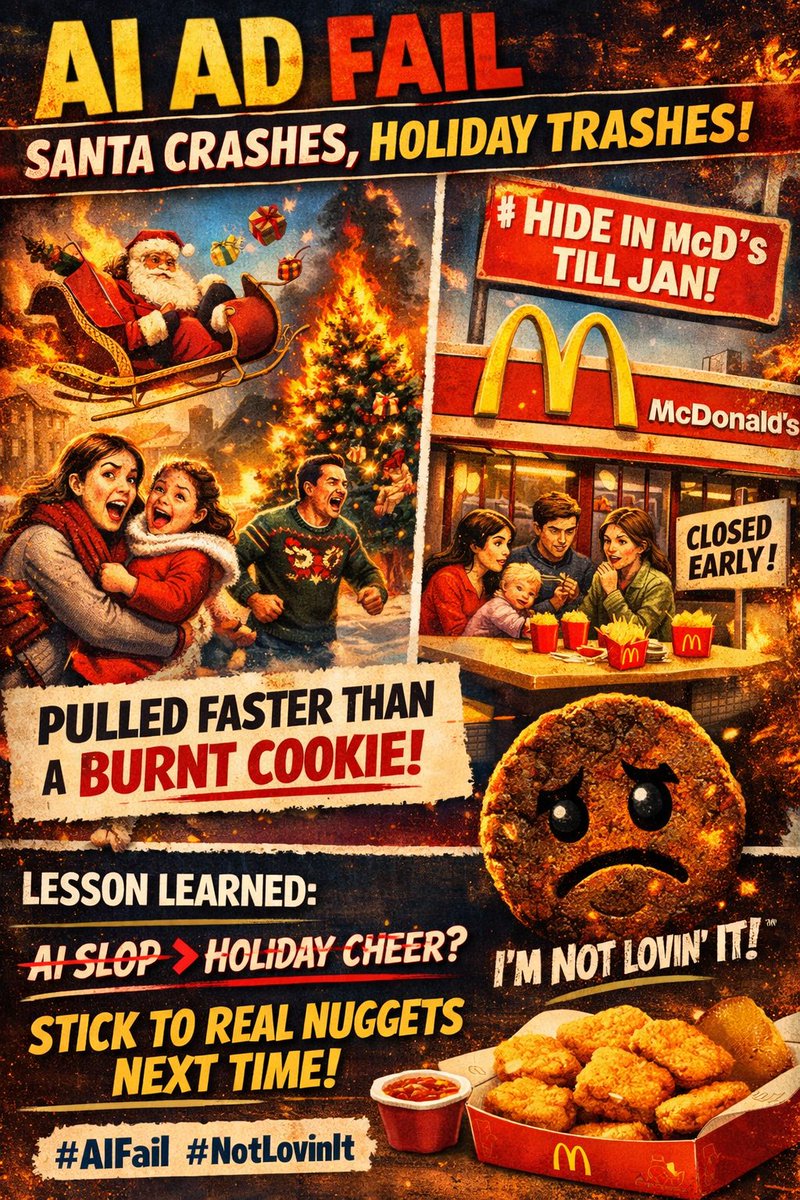PublicAIData's tweet photo. McD's AI Christmas ad: Santa crashes, trees burn, families flee to fries and 'Hide in McD's till Jan!'

Pulled faster than a burnt cookie. Lesson: AI slop > holiday cheer? Nah, stick to real nuggets next time. 

#AIFail #NotLovinIt https://t.co/7ltbPQfEB3