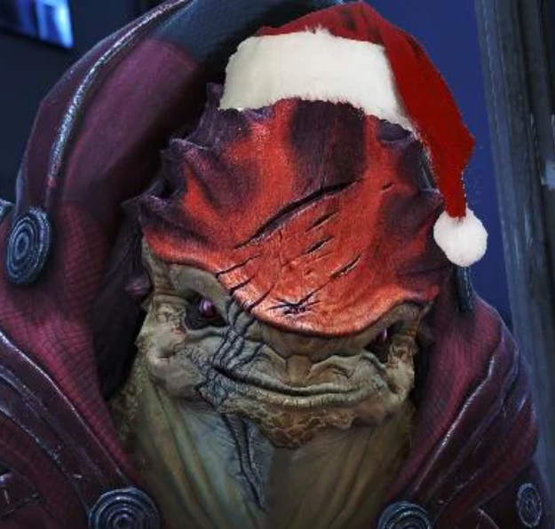 RequiemforWar's tweet photo. "Merry Christmas...No, I was not forced to say this,

Yes I totally wanted to do this on my own, to prove I am the real Urdnot Wrex and not some sort of imposter here is me wearing a christmas hat I TOTALLY wanted to wear myself." https://t.co/aXY9JHi0EU